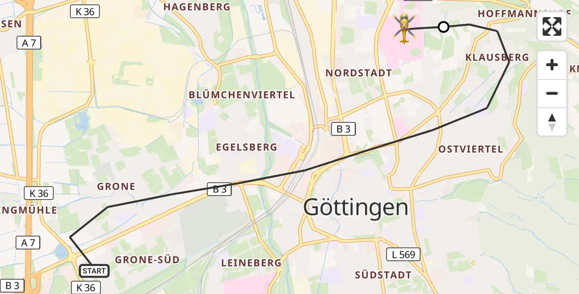 Flugroute Rettungshubschrauber Göttingen - Göttingen University Clinic Hubschrauberlandeplatz, 07 Juli 2026, 07:00