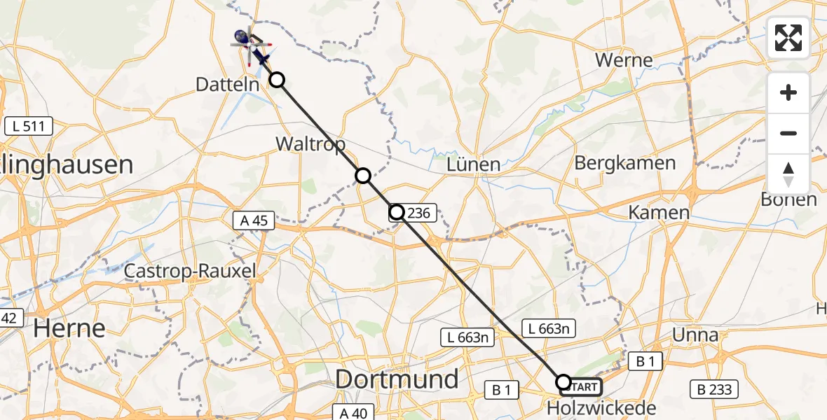 Flugroute Polizeihubschrauber Dortmund Flughafen - Datteln, 07 Juli 2026, 07:00