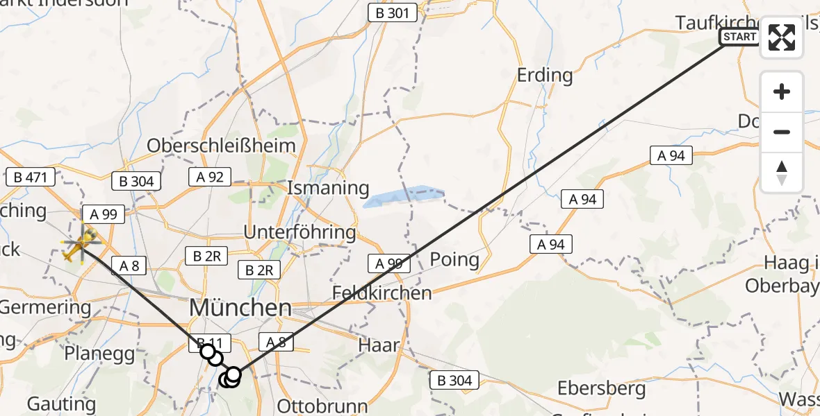 Flugroute Rettungshubschrauber Taufkirchen (Vils) - München, 07 Juli 2026, 07:02