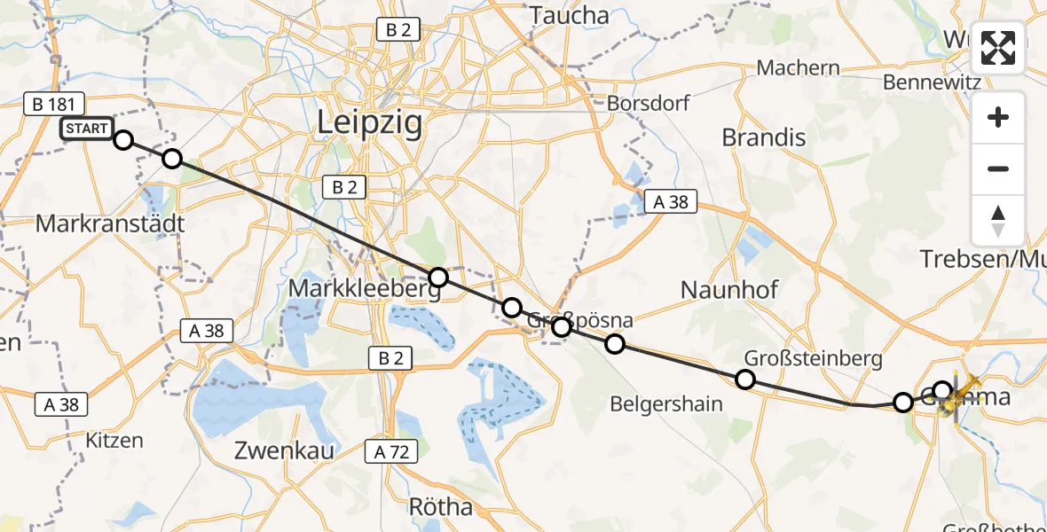 Flugroute Rettungshubschrauber Schkeuditz - Grimma Krankenhaus Hubschrauberlandeplatz, 07 Juli 2026, 07:14