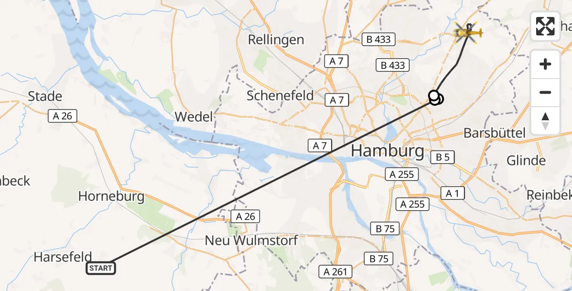 Flugroute Rettungshubschrauber Harsefeld - Hamburg, 07 Juli 2026, 07:15