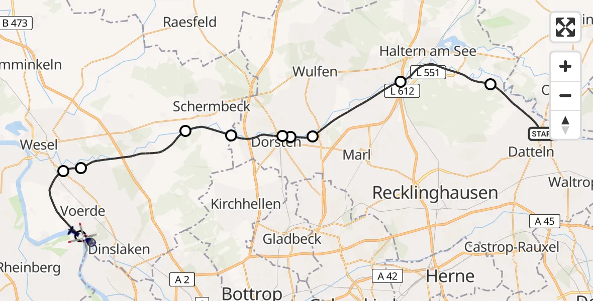 Flugroute Polizeihubschrauber Datteln - Rheinberg, 07 Juli 2026, 07:18
