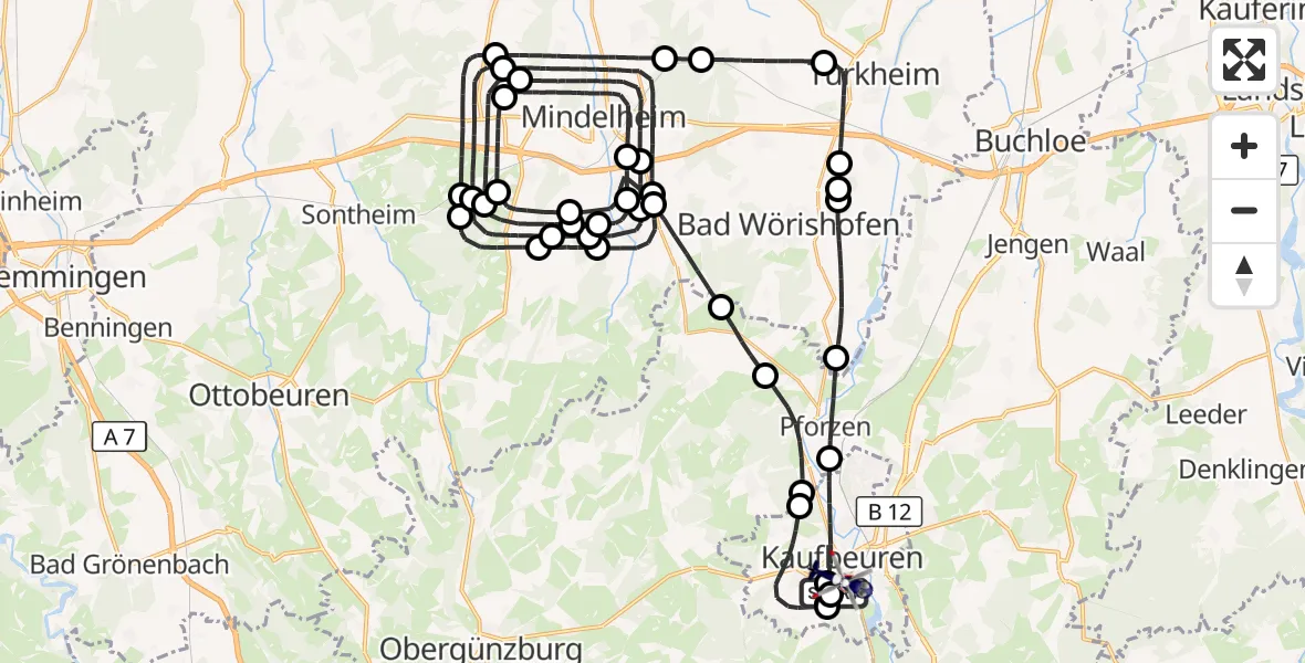 Flugroute Polizeihubschrauber Kaufbeuren - Kaufbeuren, 07 Juli 2026, 07:19