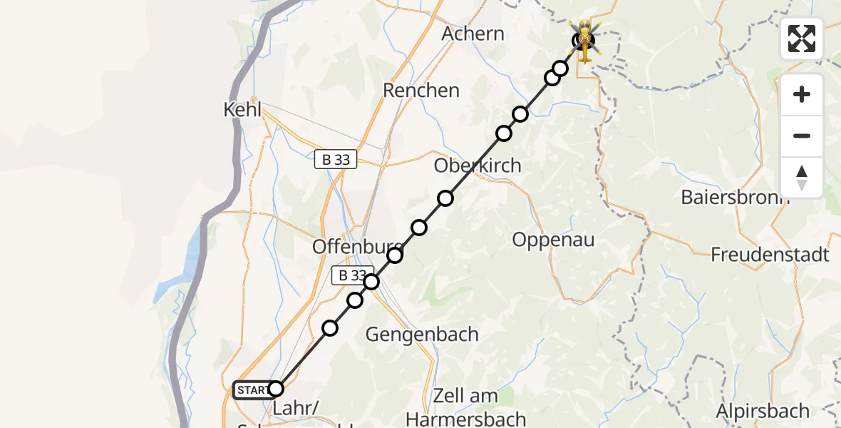 Flugroute Rettungshubschrauber Lahr Flughafen - Sasbachwalden, 07 Juli 2026, 07:20