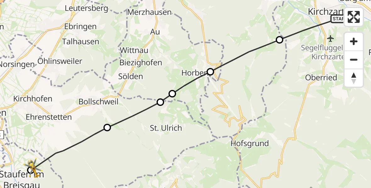 Flugroute Rettungshubschrauber Kirchzarten - Staufen im Breisgau, 07 Juli 2026, 07:21