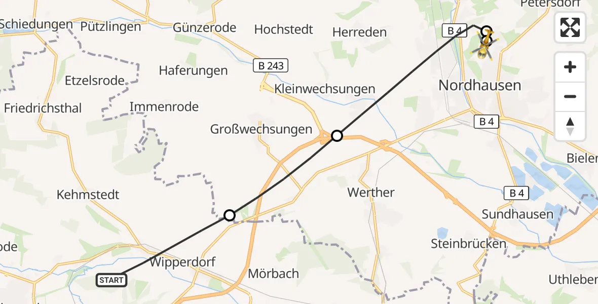 Flugroute Rettungshubschrauber Bleicherode - Südharz Hospital Nordhausen, 07 Juli 2026, 07:28
