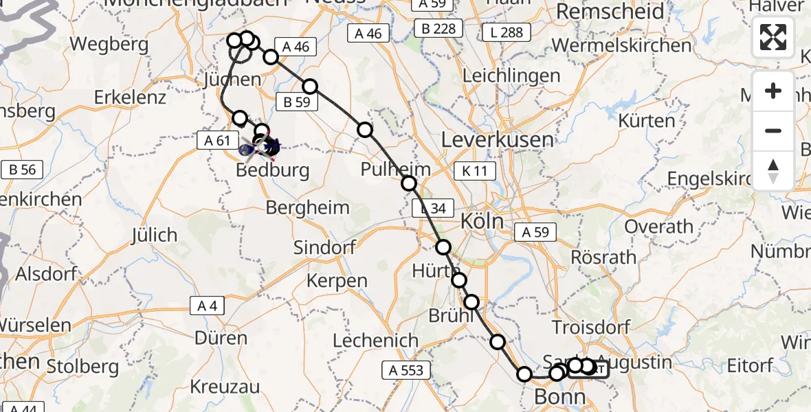 Flugroute Polizeihubschrauber Sankt Augustin - Bedburg, 07 Juli 2026, 07:31
