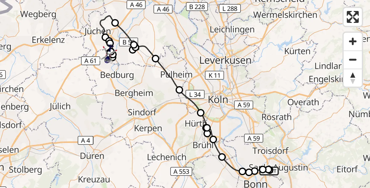 Flugroute Polizeihubschrauber Sankt Augustin - Bedburg, 07 Juli 2026, 07:35