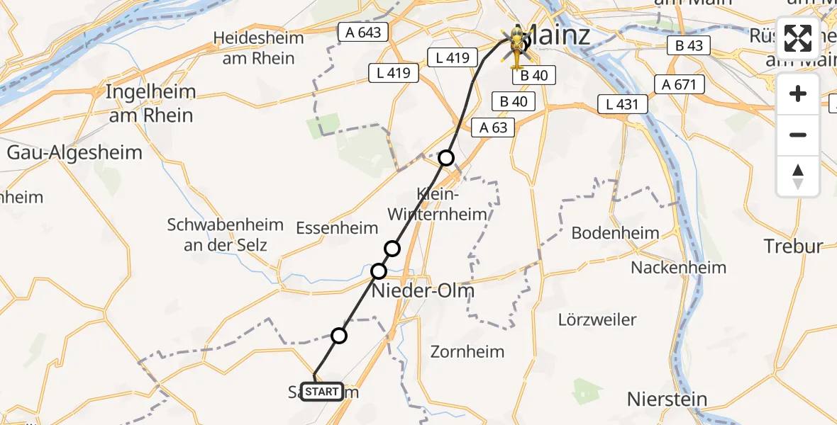 Flugroute Rettungshubschrauber Saulheim - Mainz University Hospital, 07 Juli 2026, 07:37