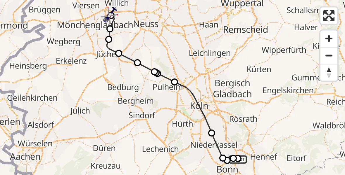 Flugroute Polizeihubschrauber Sankt Augustin - Mönchengladbach Flughafen, 07 Juli 2026, 07:40