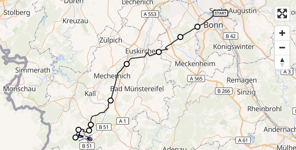 Flugroute Polizeihubschrauber Bonn - Dahlem, 07 Juli 2026, 07:40