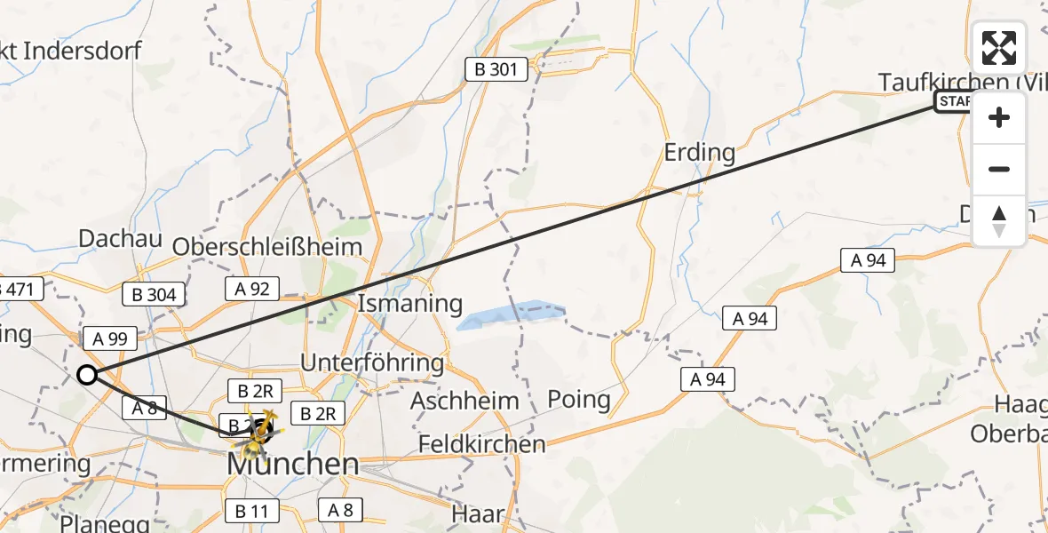 Flugroute Rettungshubschrauber Taufkirchen (Vils) - Deutsches Herzzentrum München, 07 Juli 2026, 07:46