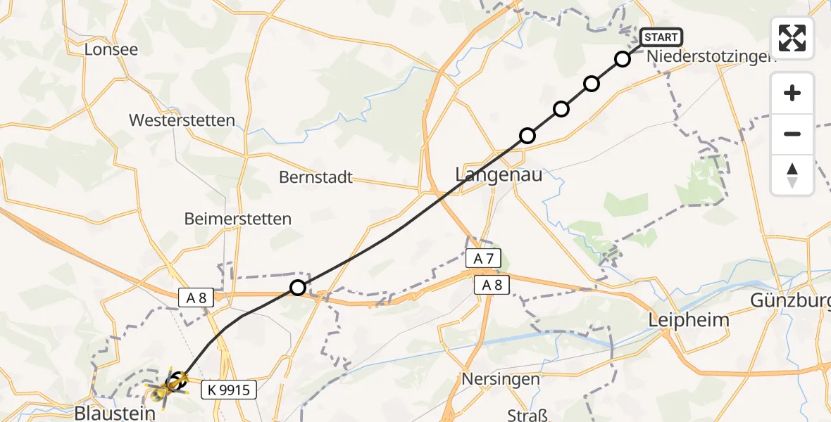Flugroute Rettungshubschrauber Niederstotzingen - Ulm Military Hospital Emergency, 07 Juli 2026, 07:47