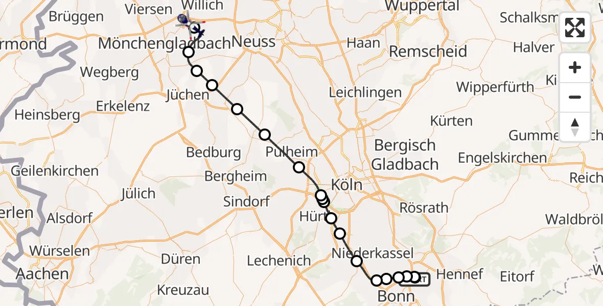 Flugroute Polizeihubschrauber Sankt Augustin - Mönchengladbach Flughafen, 07 Juli 2026, 07:52