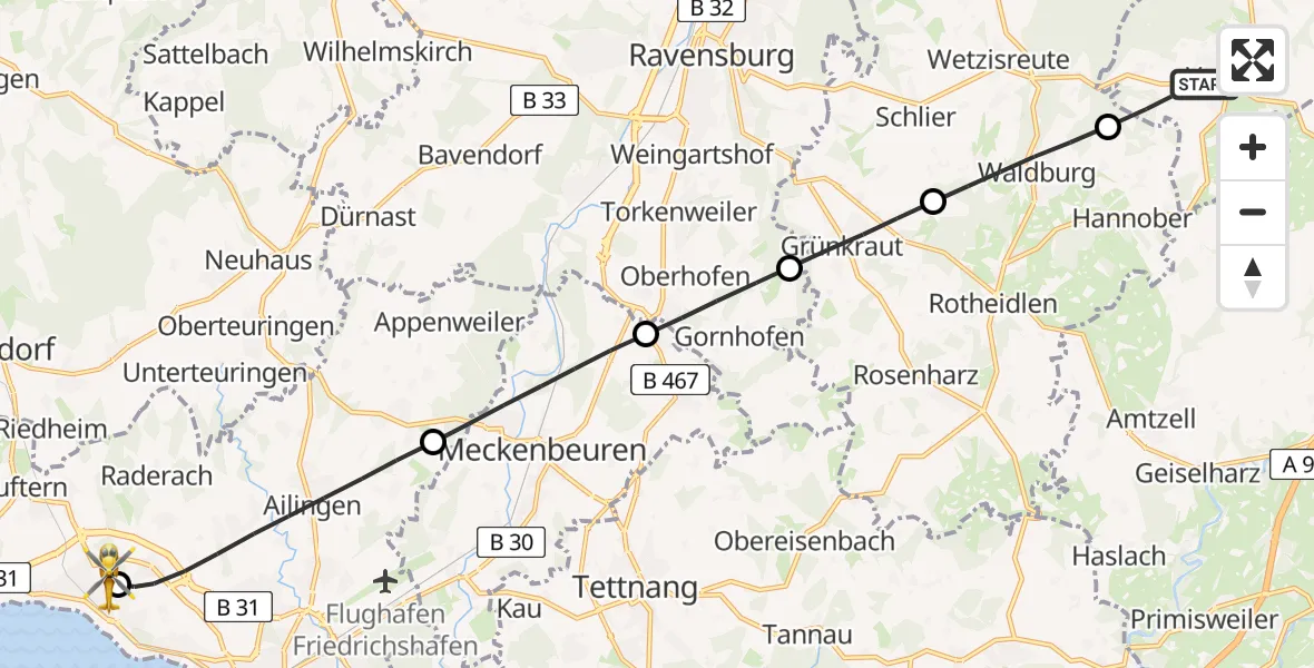 Flugroute Rettungshubschrauber Vogt - Friedrichshafen Hospital, 07 Juli 2026, 07:53