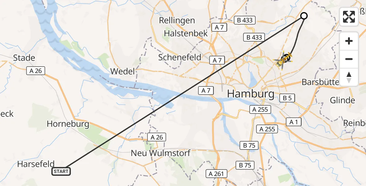 Flugroute Rettungshubschrauber Harsefeld - Hamburg Military Hospital, 07 Juli 2026, 07:54