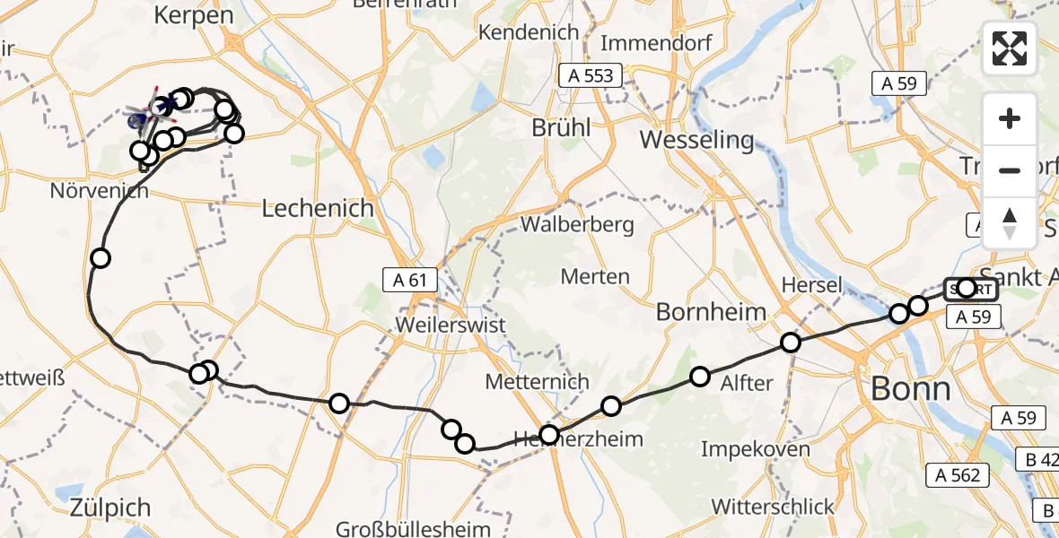 Flugroute Polizeihubschrauber Sankt Augustin - Militärflugplatz Nörvenich, 07 Juli 2026, 07:56