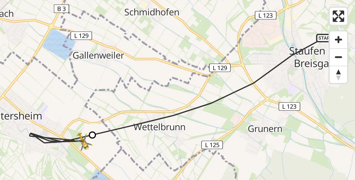 Flugroute Rettungshubschrauber Staufen im Breisgau - Heitersheim, 07 Juli 2026, 08:03