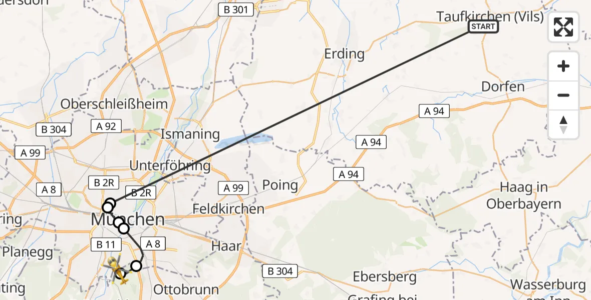 Flugroute Rettungshubschrauber Taufkirchen (Vils) - ADAC Air Rescue Center Hubschrauberlandeplatz (Christoph 1), 07 Juli 2026, 08:23