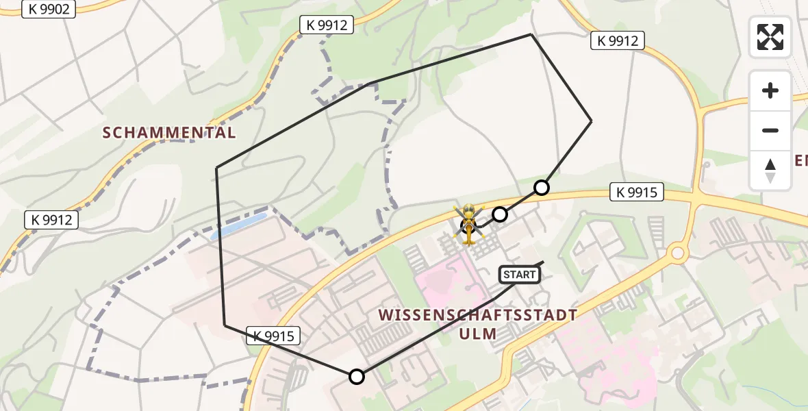 Flugroute Rettungshubschrauber Ulm Military Hospital Emergency - ADAC Air Rescue Station Ulm (Christoph 22), 07 Juli 2026, 08:24