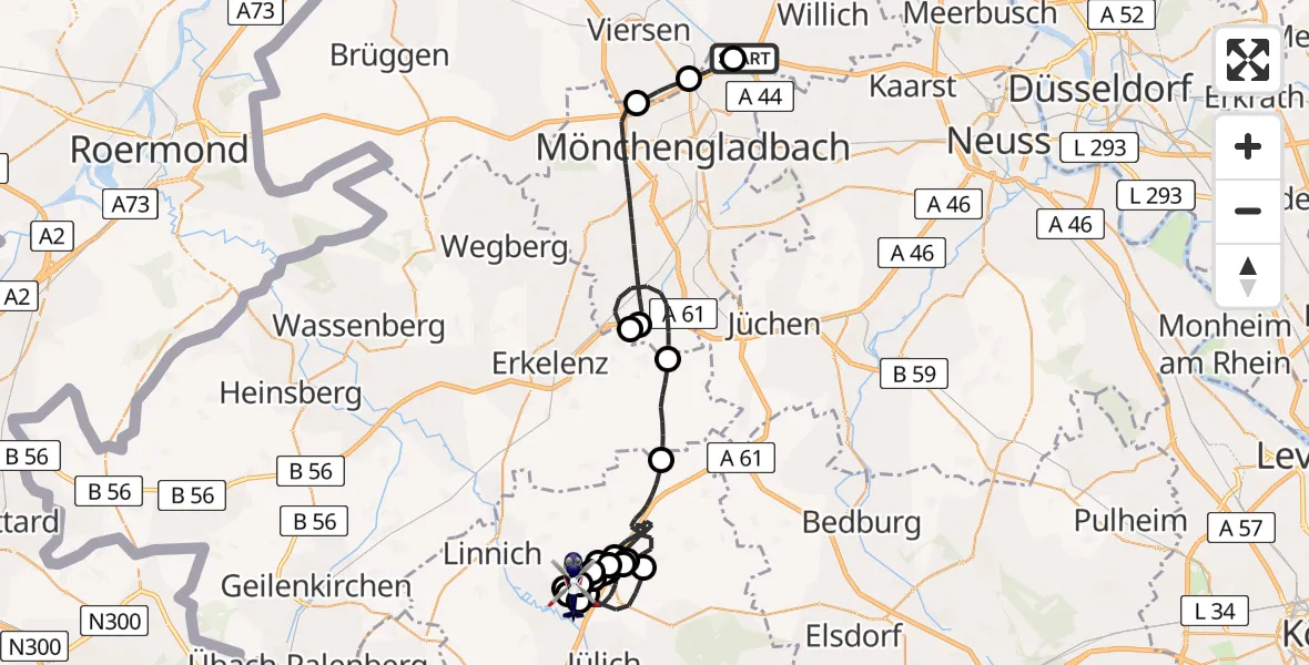 Flugroute Polizeihubschrauber Willich - Linnich-Boslar Ultraleichtflugplatz, 07 Juli 2026, 08:25