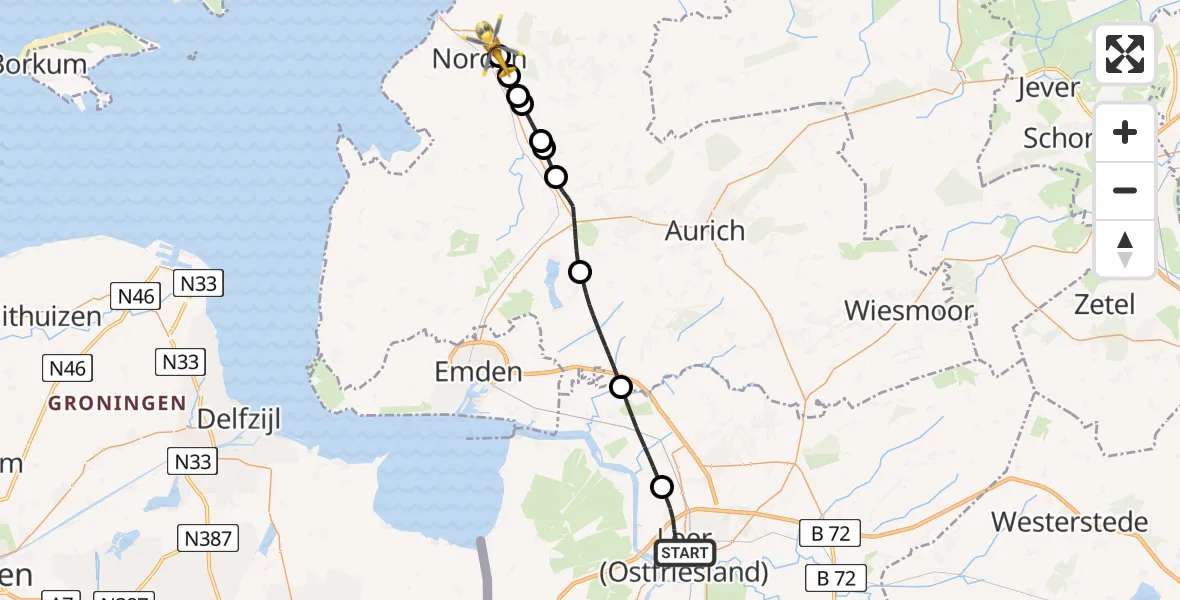 Flugroute Ambulanzhubschrauber Leer (Ostfriesland) - Norden, 07 Juli 2026, 08:26