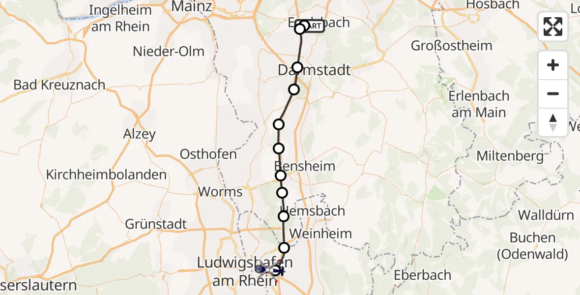 Flugroute Polizeihubschrauber Flughafen Frankfurt-Egelsbach - Mannheim-City Flughafen, 07 Juli 2026, 08:30