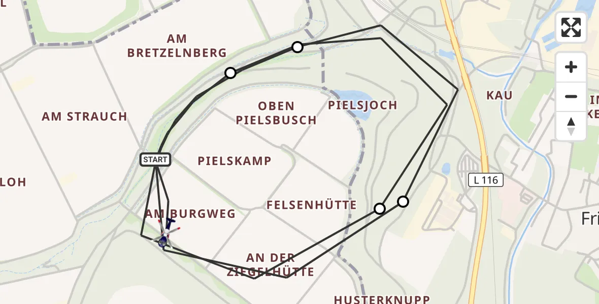 Flugroute Polizeihubschrauber Bedburg - Bedburg, 07 Juli 2026, 08:30