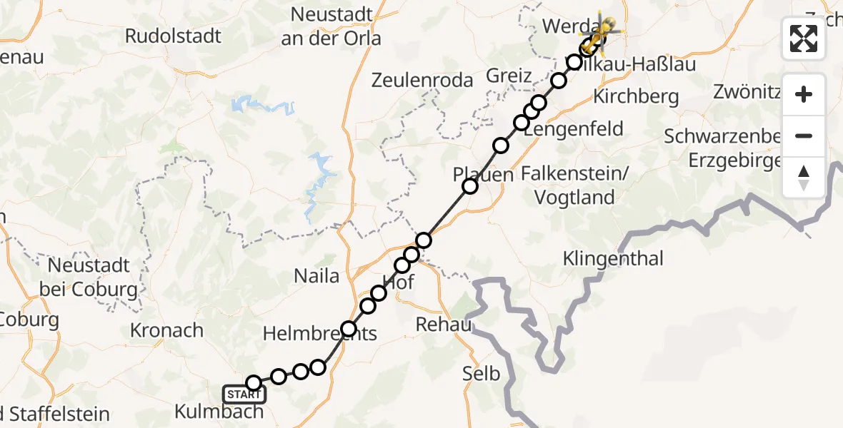 Flugroute Rettungshubschrauber Untersteinach - ADAC Air Rescue Station Zwickau Hubschrauberlandeplatz, 07 Juli 2026, 08:35