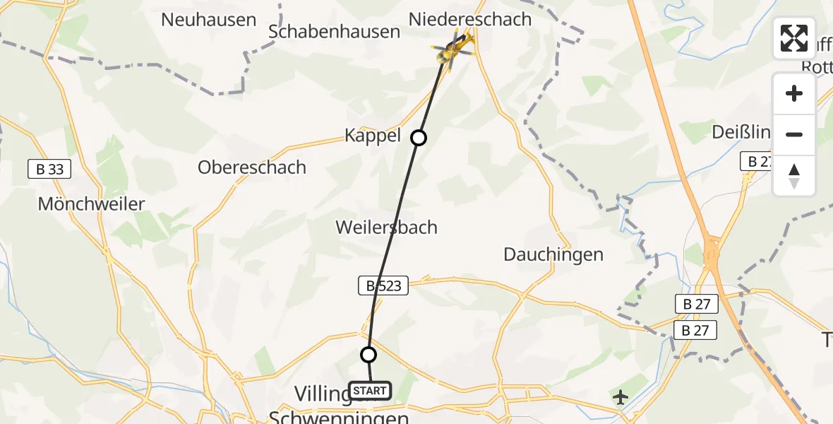 Flugroute Ambulanzhubschrauber DRF Air Rescue Station Villingen-Schwenningen Hubschrauberlandeplatz (Christoph 11) - Niedereschach, 07 Juli 2026, 08:36