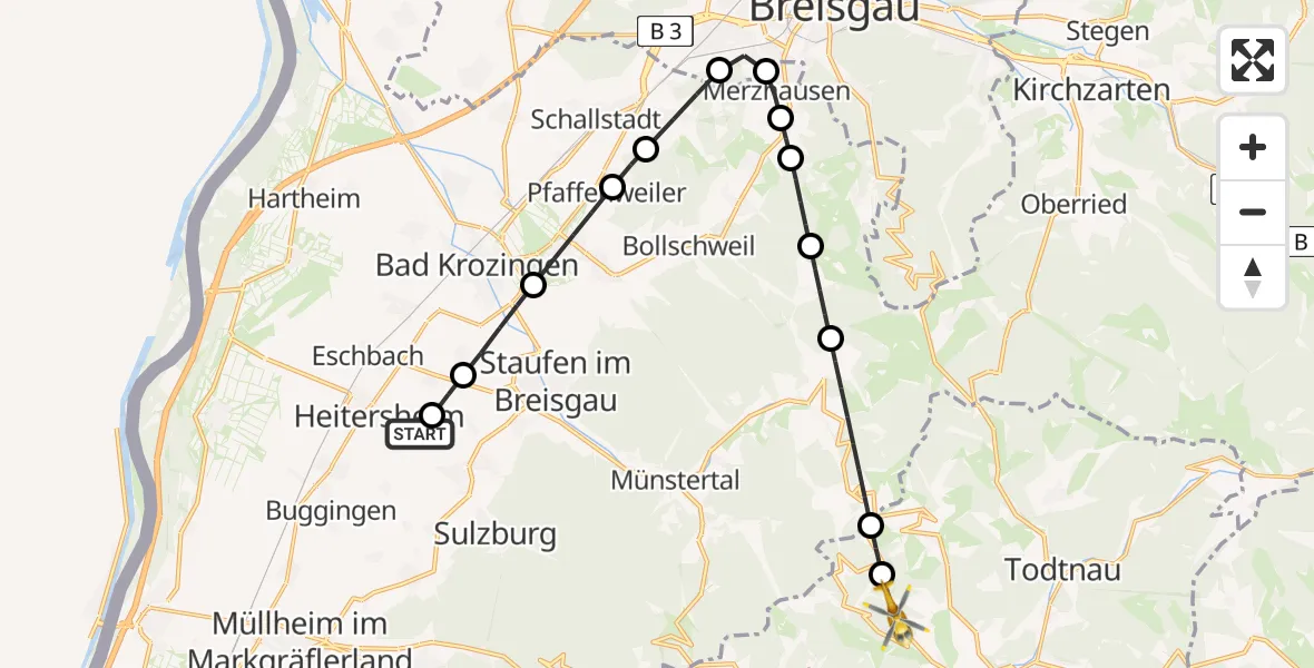 Flugroute Rettungshubschrauber Heitersheim - Aitern, 07 Juli 2026, 08:36