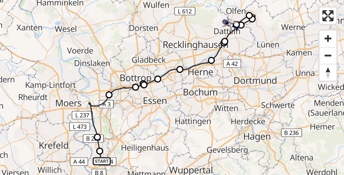 Flugroute Polizeihubschrauber Düsseldorf Flughafen - Datteln, 07 Juli 2026, 08:38