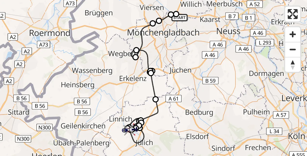 Flugroute Polizeihubschrauber Mönchengladbach Flughafen - Jülich, 07 Juli 2026, 08:40