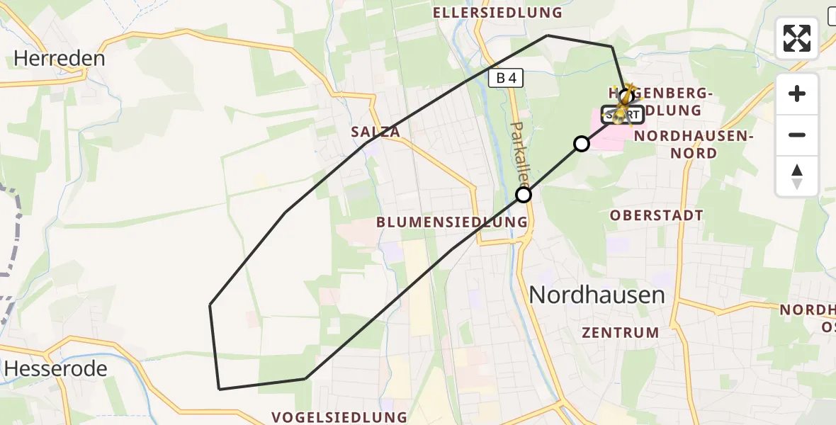 Flugroute Rettungshubschrauber Südharz Hospital Nordhausen - Südharz Hospital Nordhausen, 07 Juli 2026, 08:41