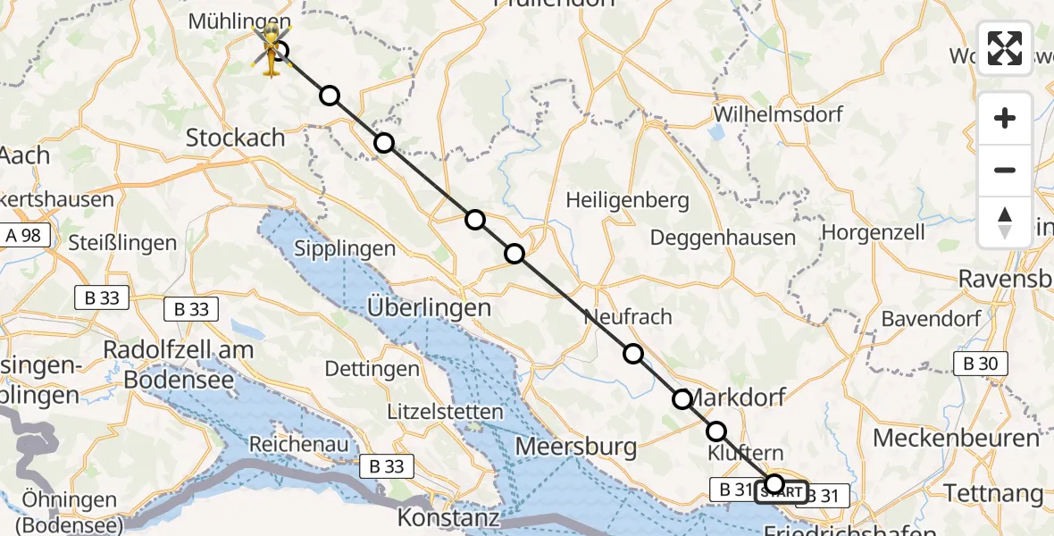 Flugroute Rettungshubschrauber Friedrichshafen Hospital - Mühlingen, 07 Juli 2026, 08:41