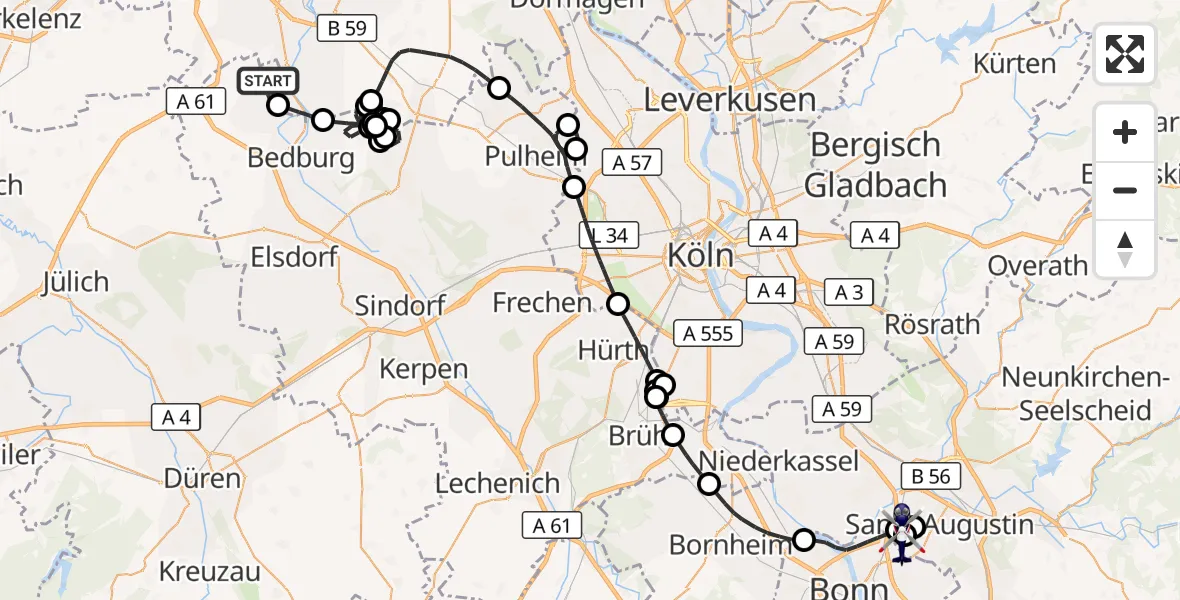 Flugroute Polizeihubschrauber Bedburg - Sankt Augustin, 07 Juli 2026, 08:43