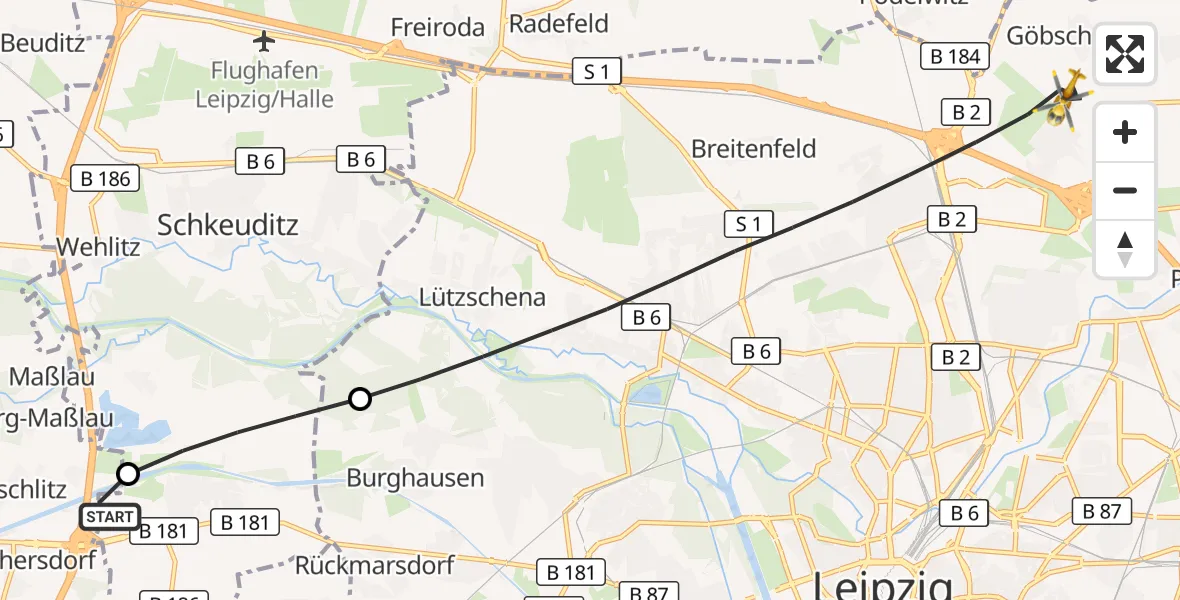 Flugroute Rettungshubschrauber ADAC Air Rescue Station Leipzig/Schkeuditz-Dölzig Hubschrauberlandeplatz (Christoph 61) - Leipzig, 07 Juli 2026, 08:45