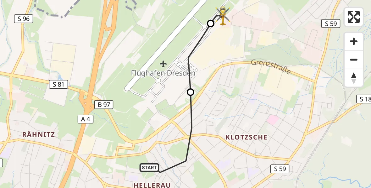 Flugroute Rettungshubschrauber Dresden - Dresden Bundespolizei Hubschrauberlandeplatz, 07 Juli 2026, 08:48
