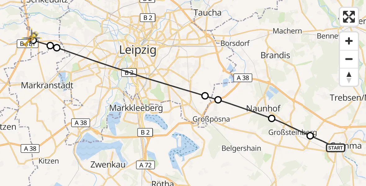 Flugroute Rettungshubschrauber Grimma - ADAC Air Rescue Station Leipzig/Schkeuditz-Dölzig Hubschrauberlandeplatz (Christoph 61), 07 Juli 2026, 08:50