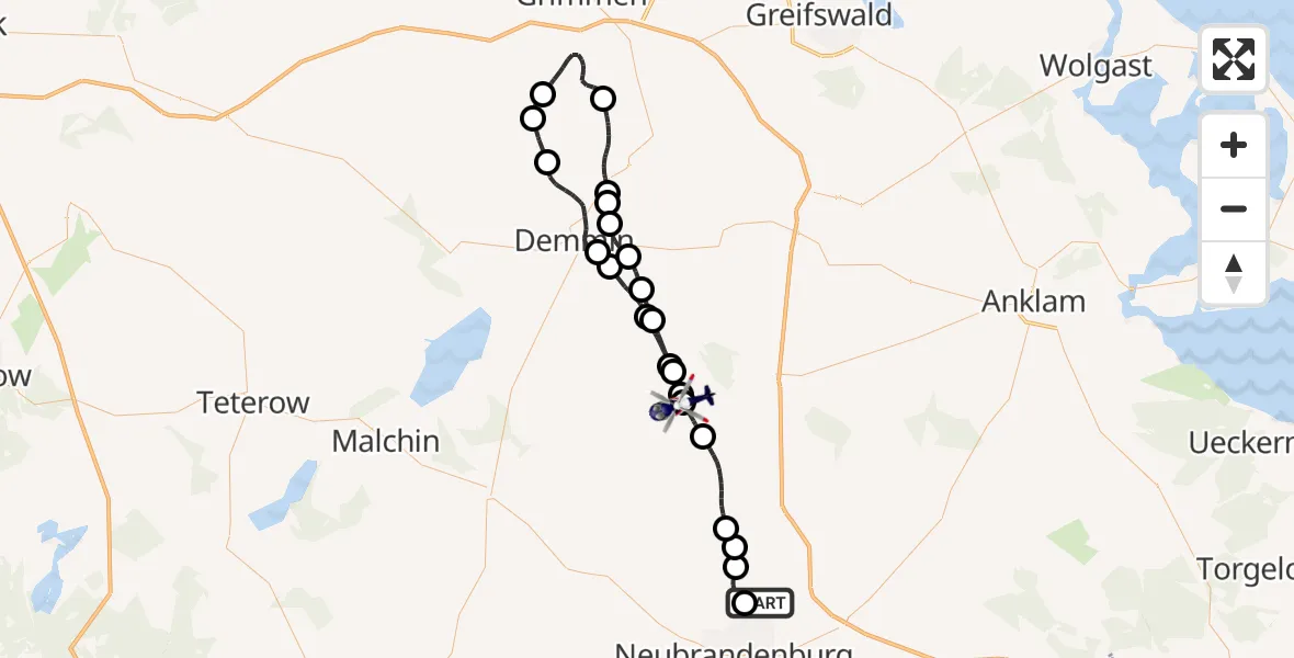Flugroute Polizeihubschrauber Neubrandenburg Trollenhagen Flughafen - Gültz, 07 Juli 2026, 08:56