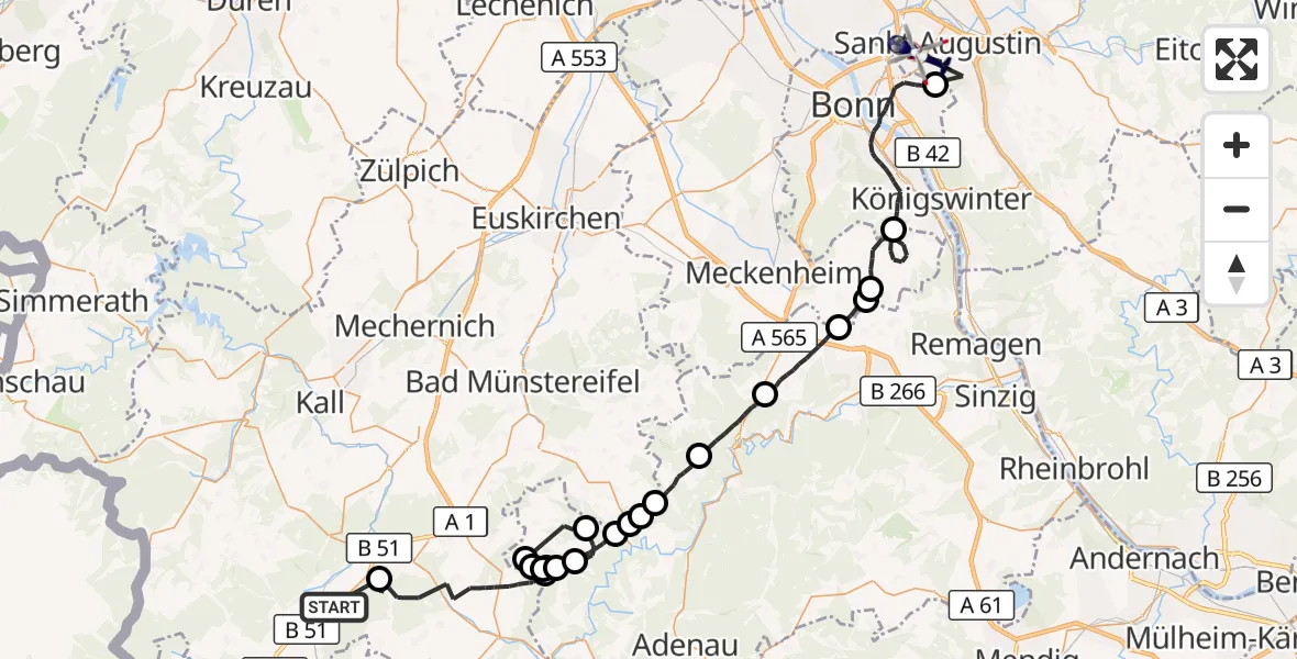 Flugroute Polizeihubschrauber Dahlem - Sankt Augustin, 07 Juli 2026, 08:58