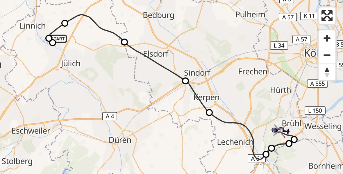 Flugroute Polizeihubschrauber Linnich - Brühl, 07 Juli 2026, 09:01