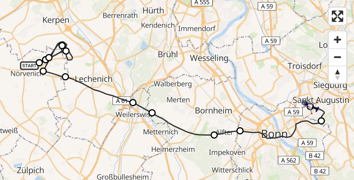 Flugroute Polizeihubschrauber Nörvenich - Bonn-Hangelar Flugplatz, 07 Juli 2026, 09:07