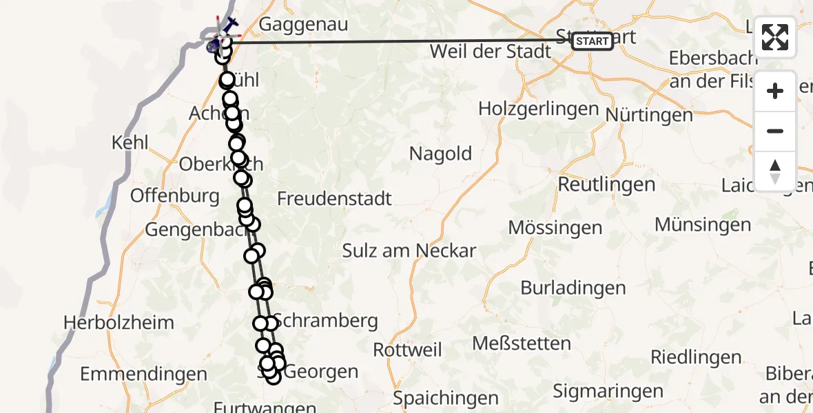 Flugroute Polizeihubschrauber Stuttgart - Karlsruhe Baden-Baden Flughafen, 07 Juli 2026, 09:08