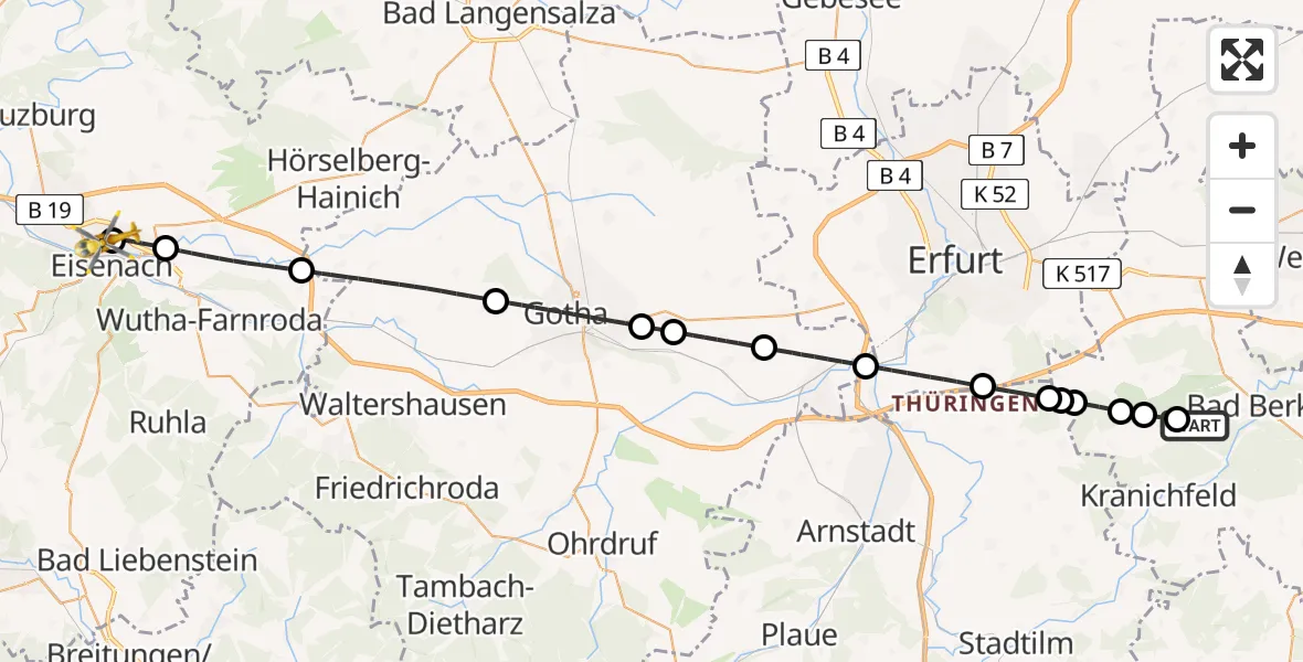 Flugroute Ambulanzhubschrauber Bad Berka - Sankt Georg Hospital Eisenach, 07 Juli 2026, 09:11