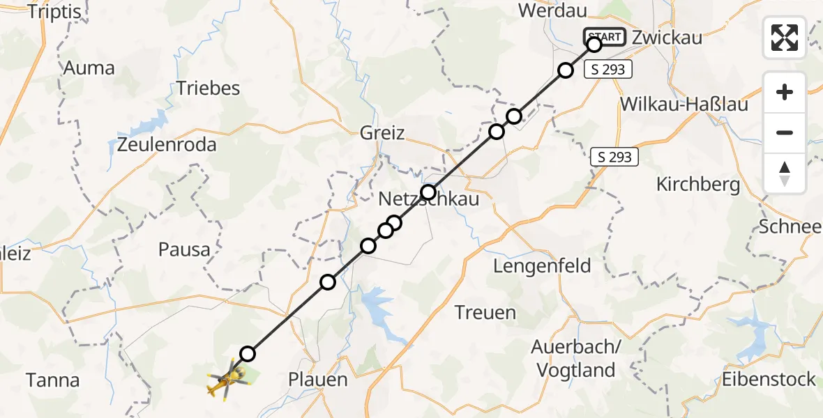 Flugroute Rettungshubschrauber ADAC Air Rescue Station Zwickau Hubschrauberlandeplatz - Rosenbach/Vogtl., 07 Juli 2026, 09:12