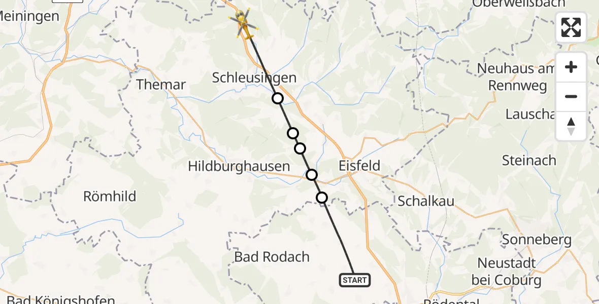 Flugroute Rettungshubschrauber Meeder - Schleusingen, 07 Juli 2026, 09:17