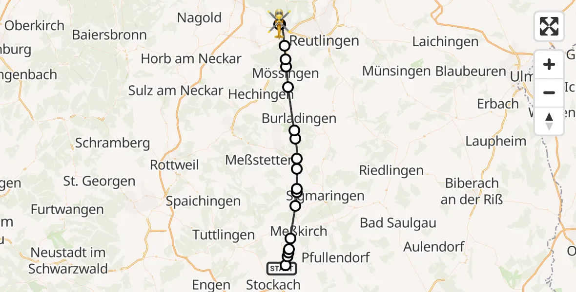 Flugroute Rettungshubschrauber Mühlingen - Tübingen Trauma Hospital, 07 Juli 2026, 09:21