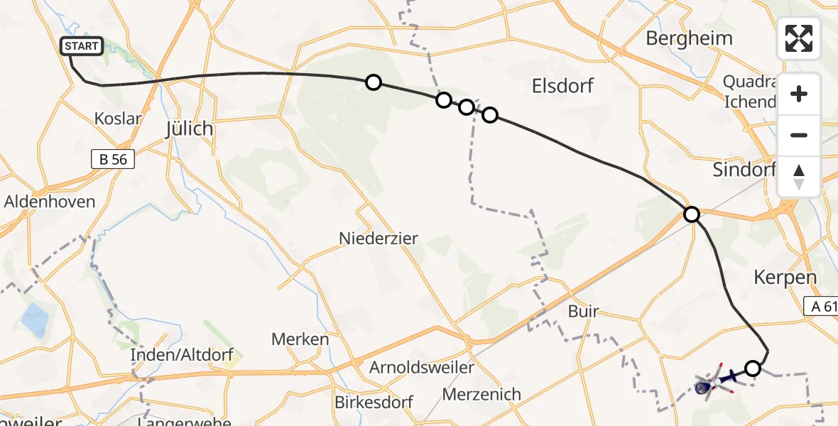 Flugroute Polizeihubschrauber Jülich - Militärflugplatz Nörvenich, 07 Juli 2026, 09:23