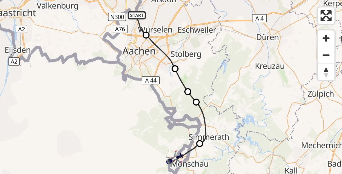 Flugroute Polizeihubschrauber Herzogenrath - Monschau, 07 Juli 2026, 09:24